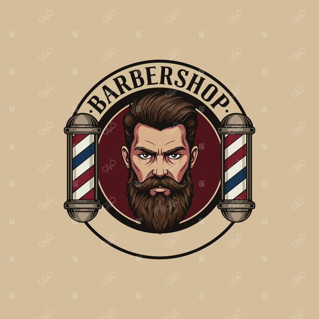 لوگوی آرایشگاه به سبک کلاسیک با تصویر چهره مردی با ریش و نمادهای سنتی آرایشگری