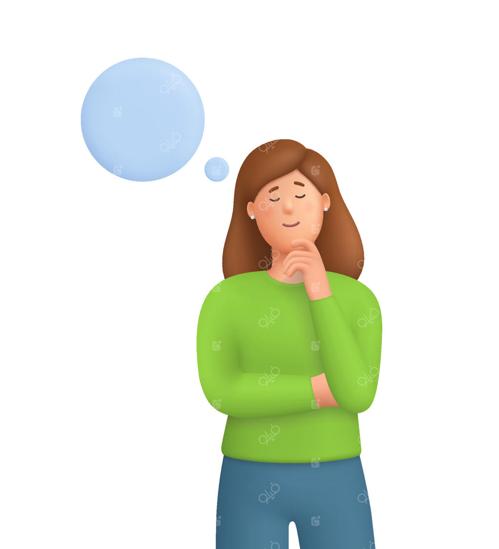 تصویرسازی زنی در حال فکر با حباب فکر (وکتور حرفه‌ای)