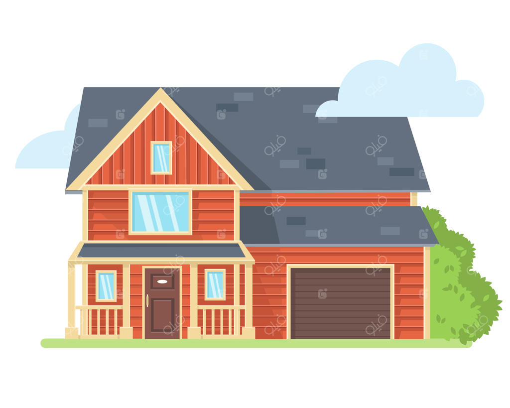 تصویرسازی یک خانه حومه‌شهری با پنجره‌های شیشه‌ای و گاراژ.