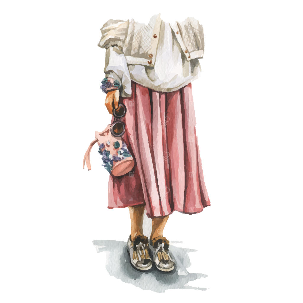 تصویر آبرنگی از زن جوان با لباسی شیک و مدرن - طرح دستی از ظاهر هیپستر مونث - استایل خیابانی مدرن