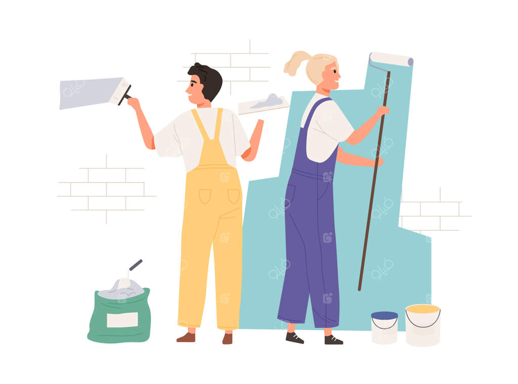 نقاشان در حال رنگ‌آمیزی دیوار با غلطک و قلم‌مو. کارگران خوشحال در حال رنگ‌آمیزی ساختمان با قلم‌مو. افراد در حال کار و رنگ‌آمیزی آجر. تصویرسازی فلت وکتور.