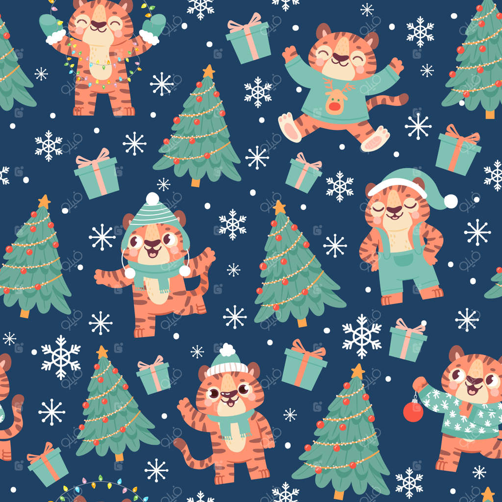 پترن ببر کریسمس: ببرهای کارتونی بامزه با کلاه بابا نوئل، درخت کریسمس، دانه برف و جعبه هدیه. وکتور حیوانات سال نو ۲۰۲۲. طرح یکپارچه شخصیت ببر، حیوانات زمستانه