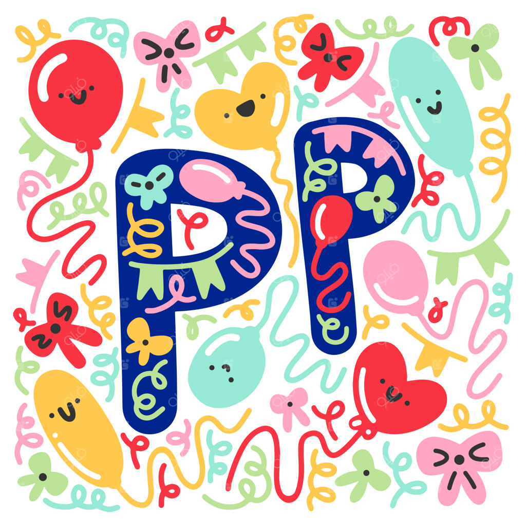 پوستر وکتور شاد تعطیلات با بادکنک حرف P و طراحی‌های کاوایی برای چاپ استیکرهای پارچه‌ای
