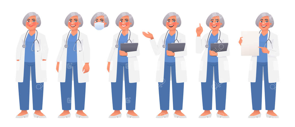 شخصیت‌های یک پزشک زن با روپوش سفید و گوشی پزشکی