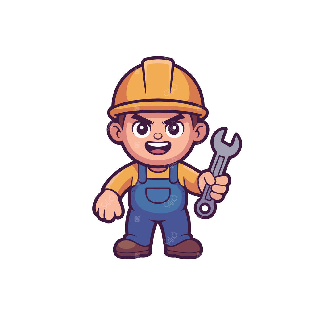 شخصیت کارتونی تعمیرکار آچار به دست آماده تعمیرات؛ نماد اطمینان و خدمات دوستانه برای امور ساختمانی