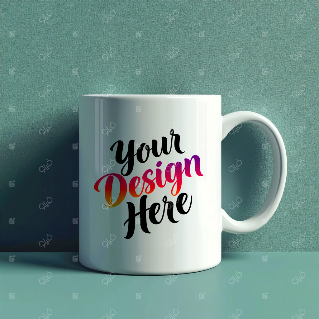 موکاپ ماگ سرامیکی سفید با متن رنگی قابل ویرایش و پس‌زمینه کله‌غازی مات مناسب برندینگ