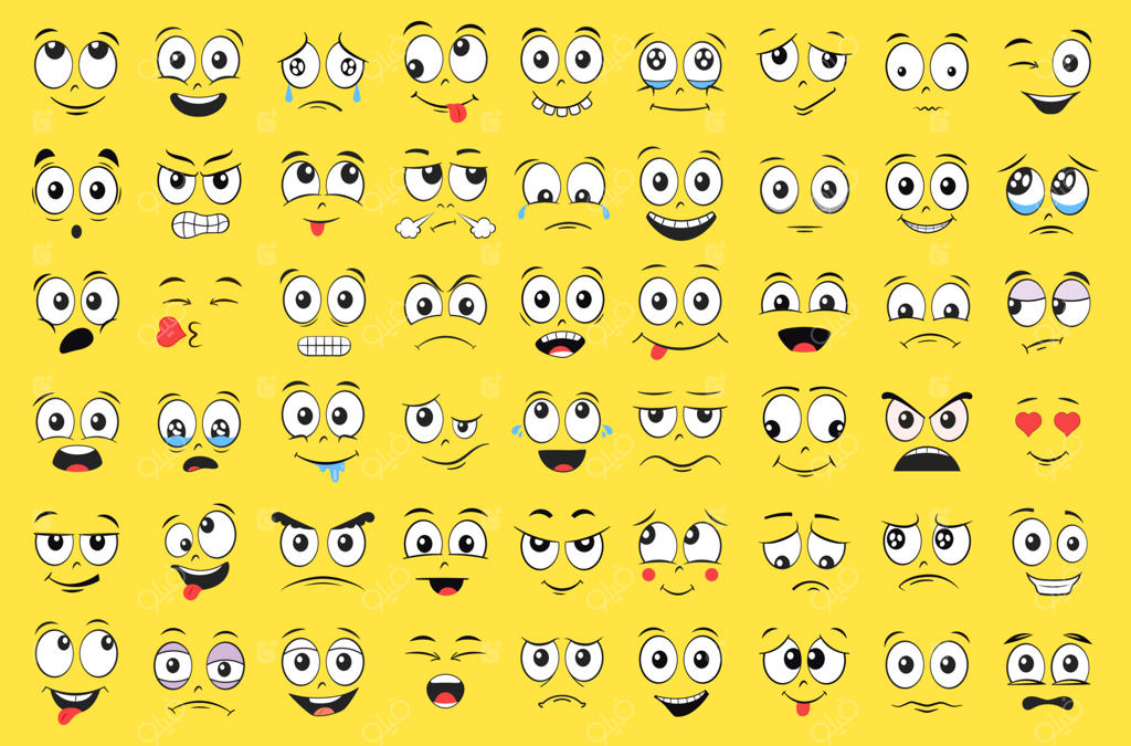 مجموعه چهره‌های کارتونی: عصبانیت، خنده، لبخند، گریه، ترس و سایر حالات. تصویرسازی وکتور.