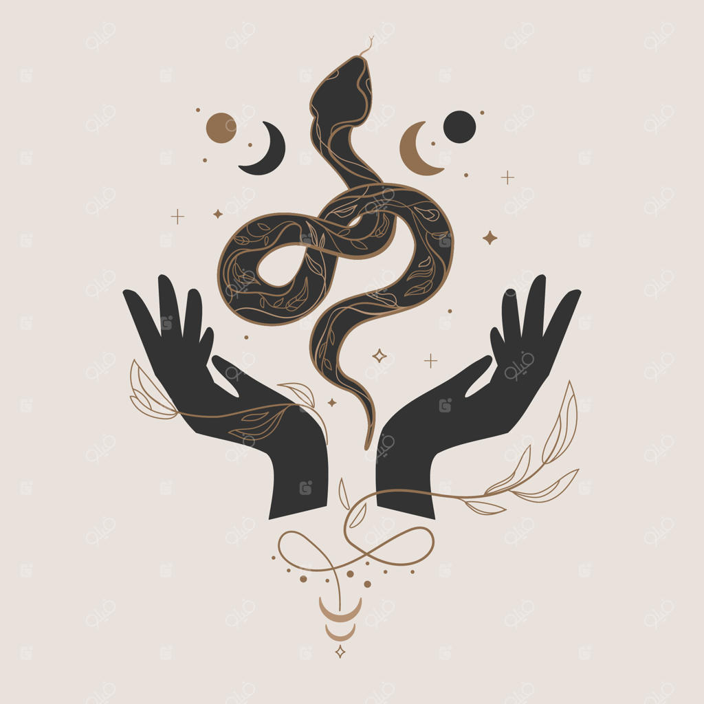 هنر اسرارآمیز با ماه مار و دستان باز - طراحی مفهومی عرفانی با ماری پیچیده، ماه هلالی و دستان زنانه با عناصر گیاهی به سبک بوهو - تصویرسازی جادویی