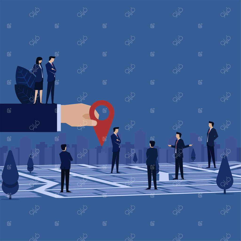تیم تجاری در حال بحث درباره انتخاب محل جلسه با استفاده از نقشه و GPS.
