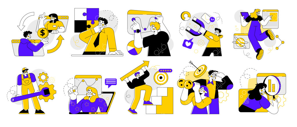 مجموعه تصویرسازی‌های دستی بازاریابی و کسب‌وکار شامل افراد و مفاهیم تجاری
