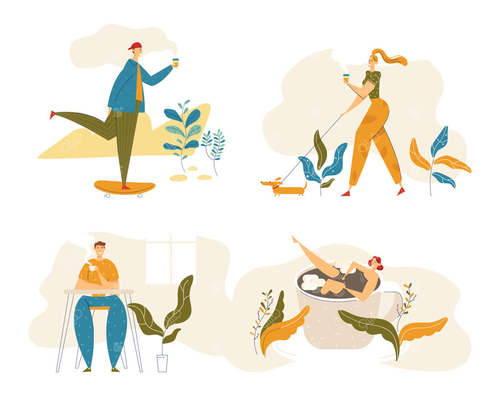 شخصیت‌های مختلف در حال نوشیدن قهوه. مردی که با یک فنجان چای اسکیت‌بورد می‌کند. زنی که همراه با سگش و نوشیدنی داغ قدم می‌زند. پسری در حال استراحت و نوشیدن قهوه.