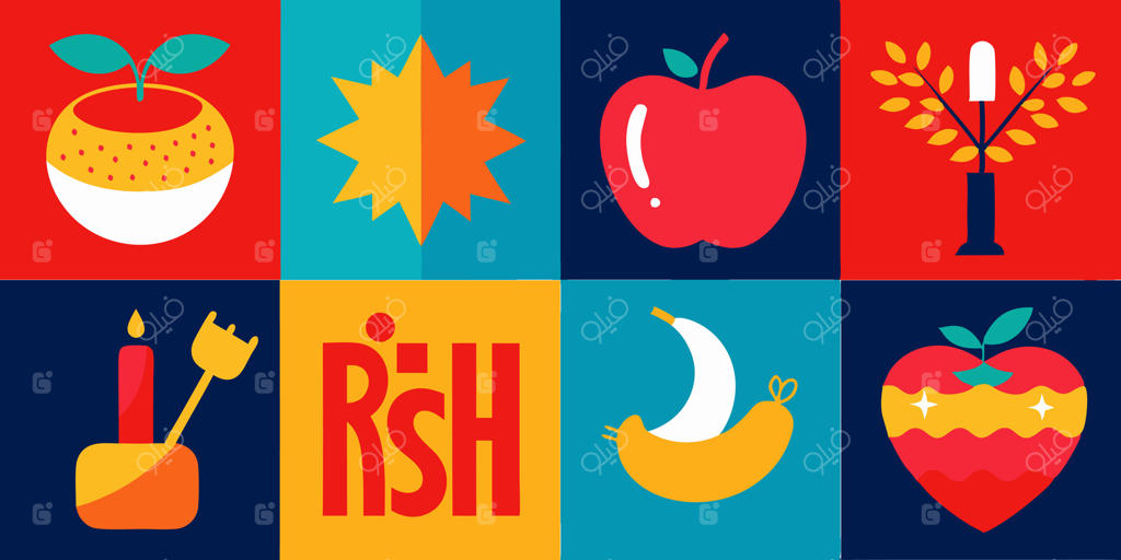 مجموعه‌ای از آیکون‌های متنوع و زنده در پس‌زمینه آبی و قرمز