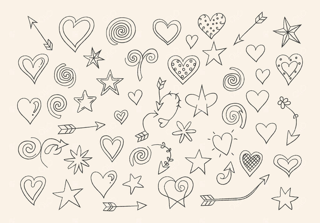 نقش‌های خطی شامل قلب‌های بامزه، ستاره‌ها، فلش‌ها و چرخش‌های زیبا روی زمینه‌ای سفید پراکنده شده‌اند.