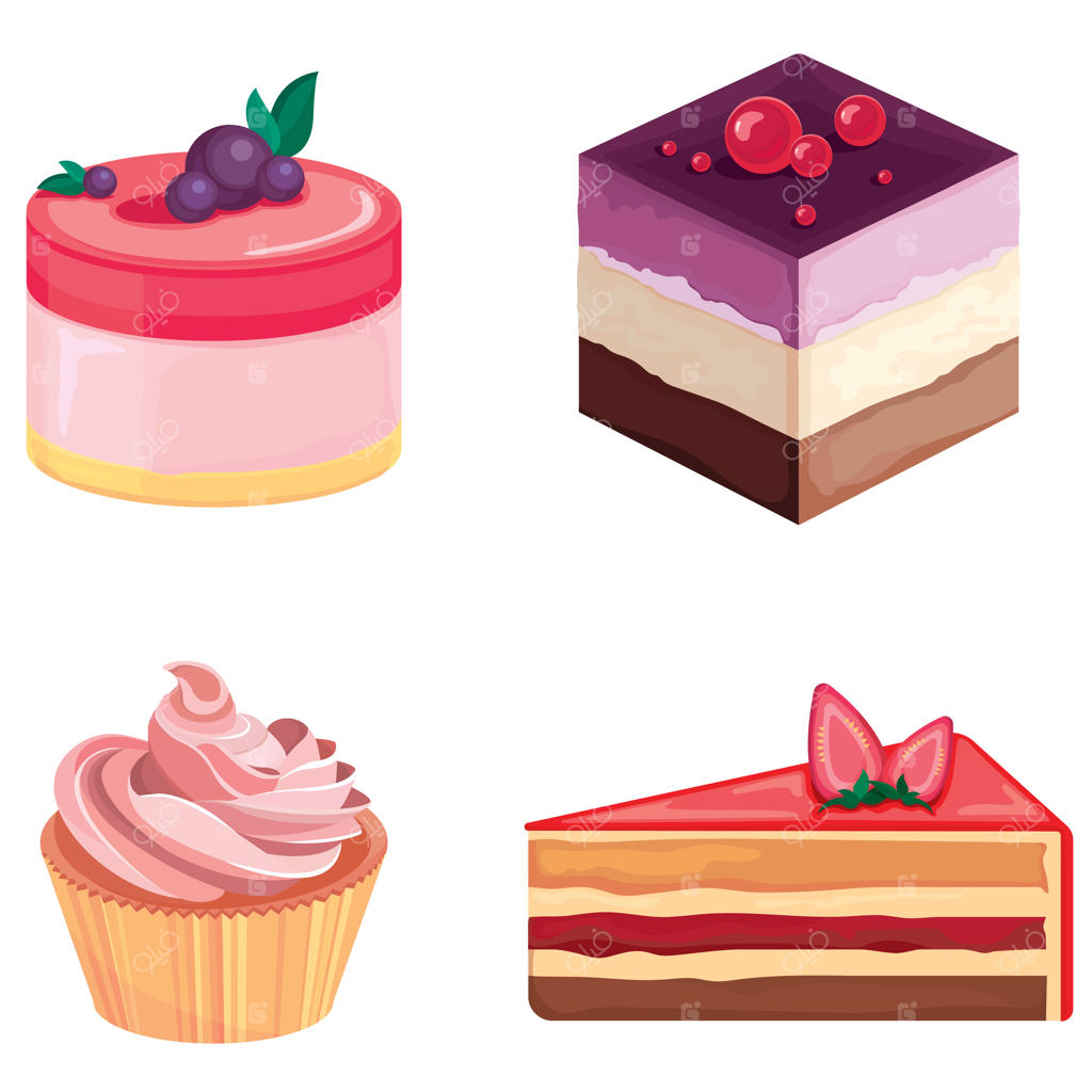 مجموعه‌ای از کیک‌ها بر روی زمینه سفید. شیرینی‌های زیبا به سبک کارتونی.