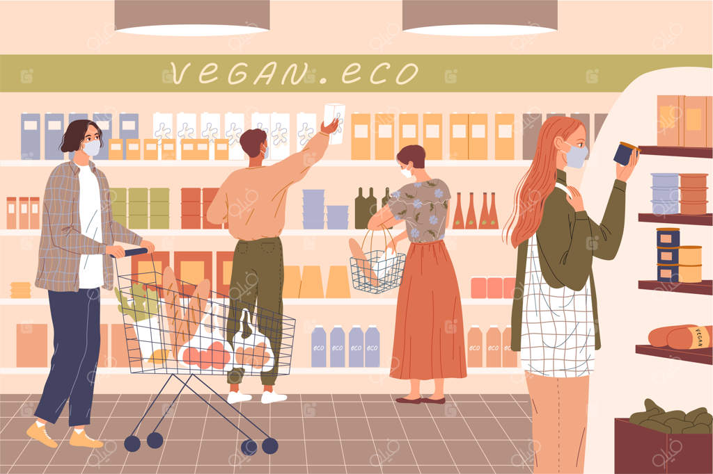 مردم در فروشگاه مواد غذایی ماسک می‌زنند.