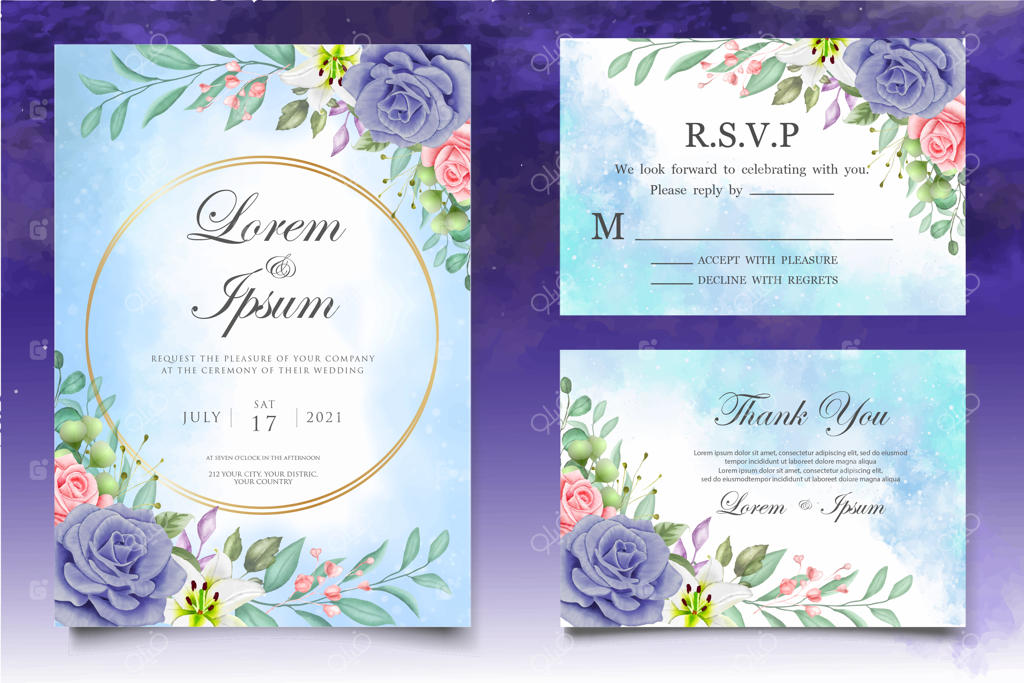 قالب کارت عروسی با طراحی آبرنگی گل‌ها و زیباییاطرۀ آب