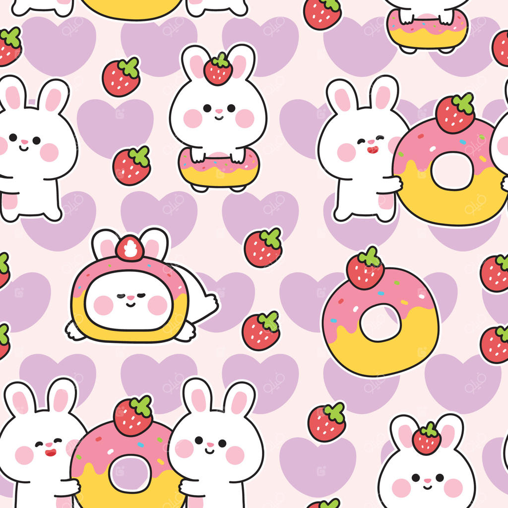 پترن یکپارچه از خرگوش بامزه با پس‌زمینه قلبی دونات توت‌فرنگی. طراحی دست‌ ساز شیرینی و محصولات پختنی. شخصیت کارتونی جوندگان. کاوایی.