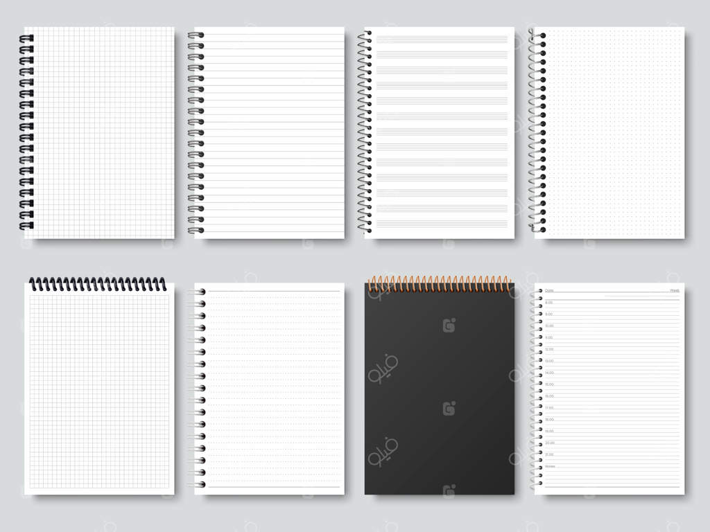 کاغذهای یادداشت واقعی، دفترچه سیمی، دفتر طراحی یا تقویم. دفترچه باز و بسته، برنامه‌ریز یا دفتر یادداشت - مجموعه تصویرسازی وکتور. مدل‌های خالی دفترچه یادداشت