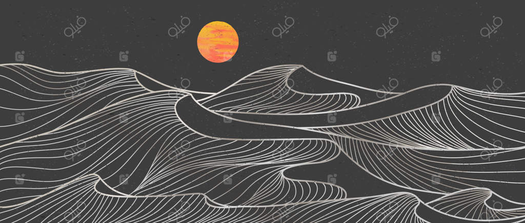 چاپ خطی کوهستان و بیابان: پس‌زمینه‌های زیبای معاصر منظره کوهستانی انتزاعی، سبک دست‌کشیده با روشنایی ماه در بیابان و امواج اقیانوس - تصاویر وکتور