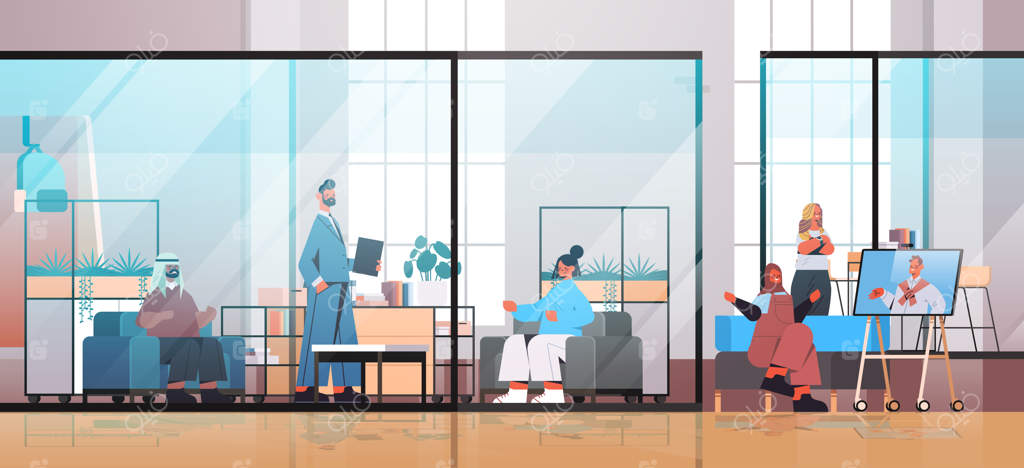 کارآفرینان از نژادهای مختلف در جلسه تیمی مرکز کار اشتراکی مشغول همکاری و گفتگو هستند.