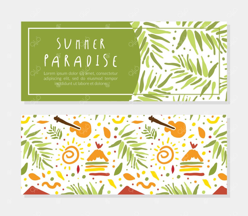 قالب بنر افقی بهشت تابستانی، تعطیلات استوایی، اقامتگاه ساحلی، تراکت مهمانی ساحل، کارت دعوت