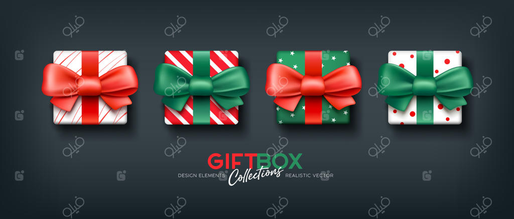 مجموعه واقع‌گرایانه جعبه هدیه با پاپیون و روبان قرمز و سبز، طراحی از نمای بالا بر روی پس‌زمینه سیاه