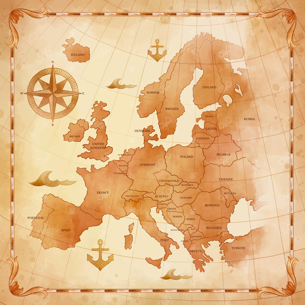 نقشه نقاشی آبرنگی از اروپای قدیم