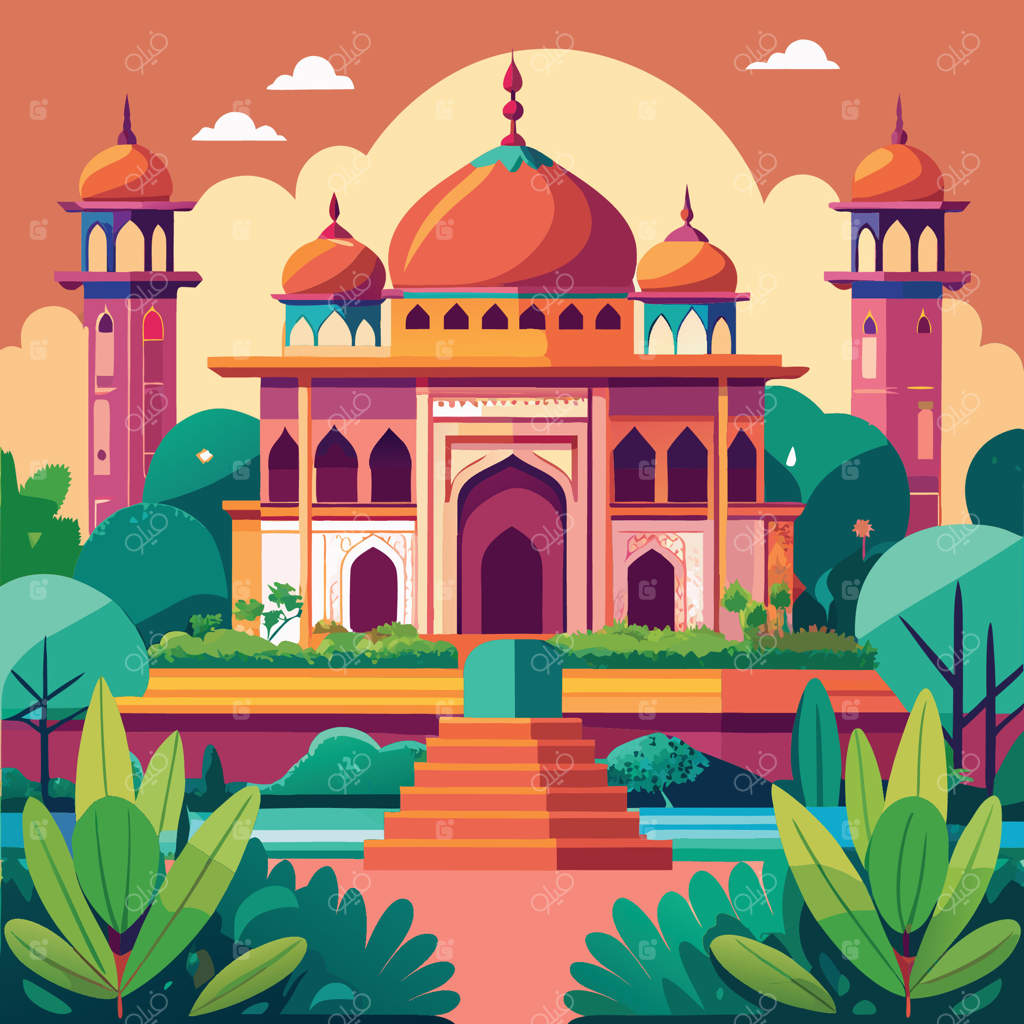 کاخ و باغ سنتی مغول با معماری مجلل و فضای سبز باشکوه