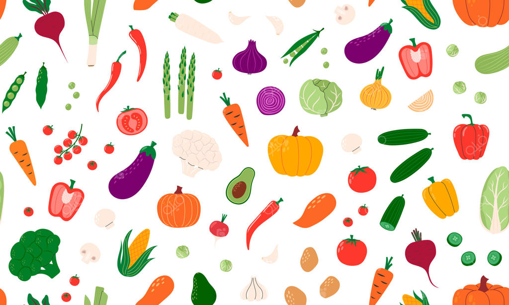 پترن یکپارچه با سبزیجات: پس‌زمینه‌ای برای غذای سالم و گیاهی. محصولات کشاورزی ارگانیک و طبیعی. تولیدات کشاورزی و برداشت. تصویرسازی صاف و دست‌کشیده.