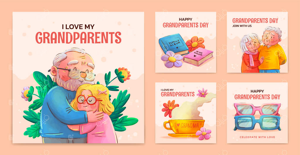 مجموعه پست‌های اینستاگرامی روز پدربزرگ و مادربزرگ با طراحی آبرنگی