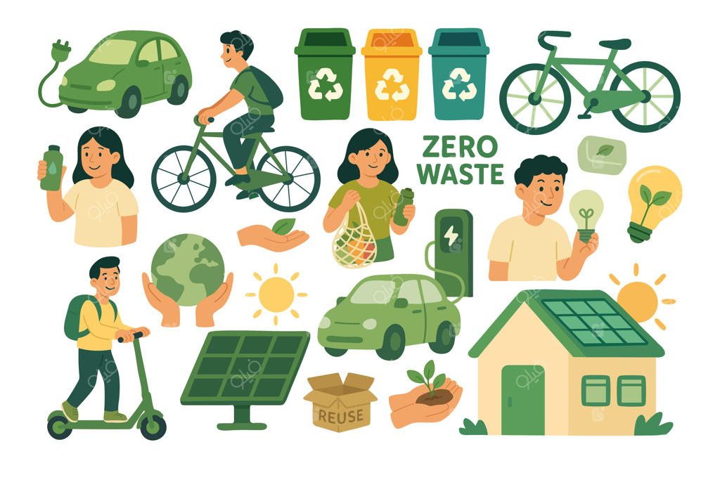 مجموعه‌ای از مفاهیم زیست‌محیطی با خودروهای برقی، دوچرخه‌ها، پنل‌های خورشیدی و بازیافت و کالاهای قابل استفاده مجدد