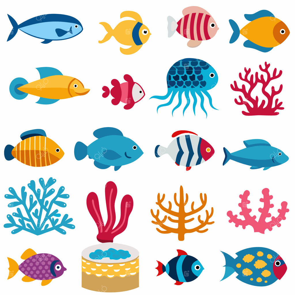 تصویرسازی کارتونی و رنگارنگ ماهی و مرجان