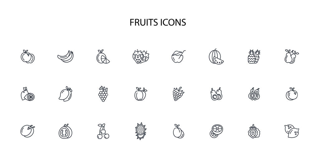 مجموعه آیکون میوه‌ها: طراحی خطی و قابل ویرایش برای وب‌سایت، لوگو و نمادها.
