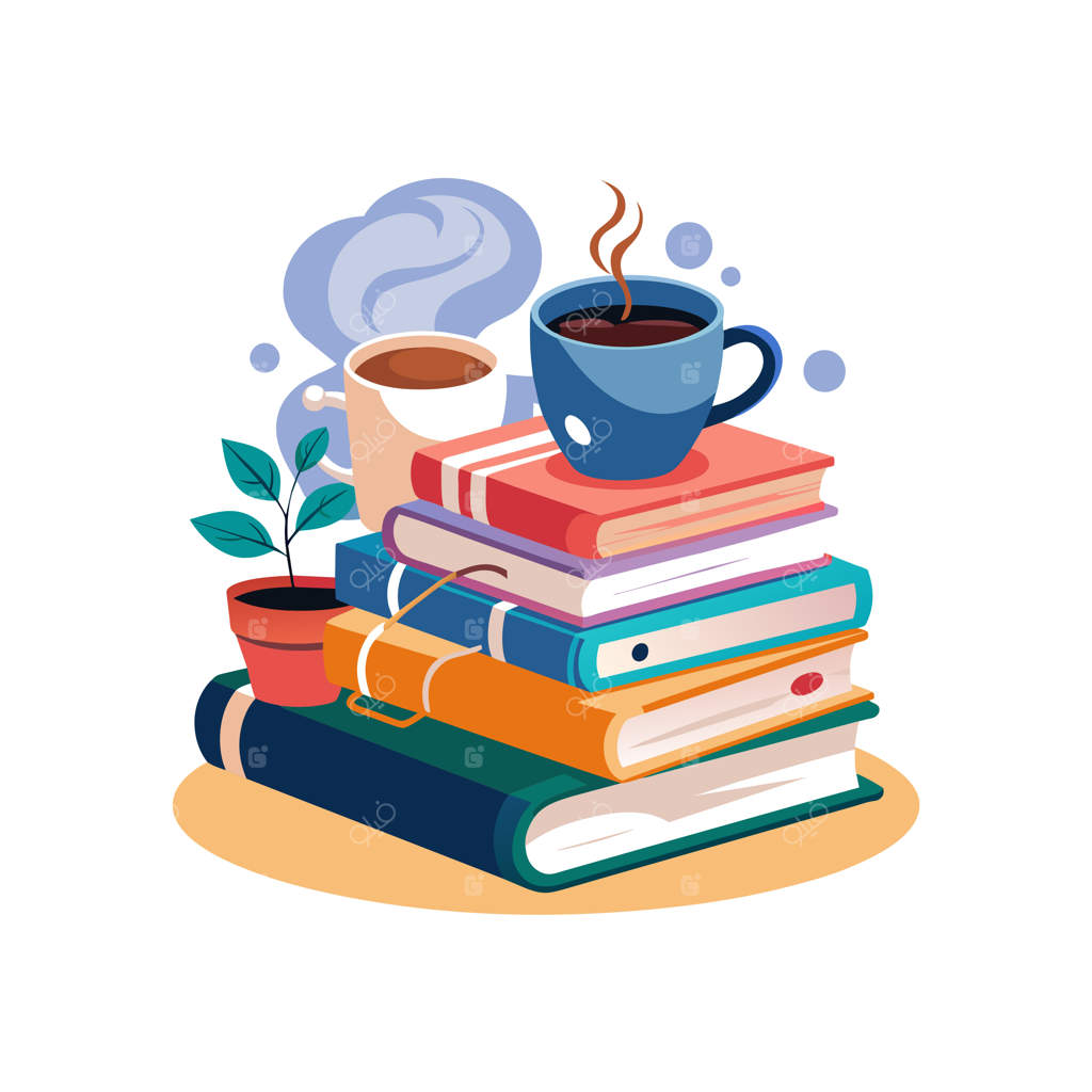 یک دسته کتاب با یک فنجان قهوه و یک دسته کتاب دیگر