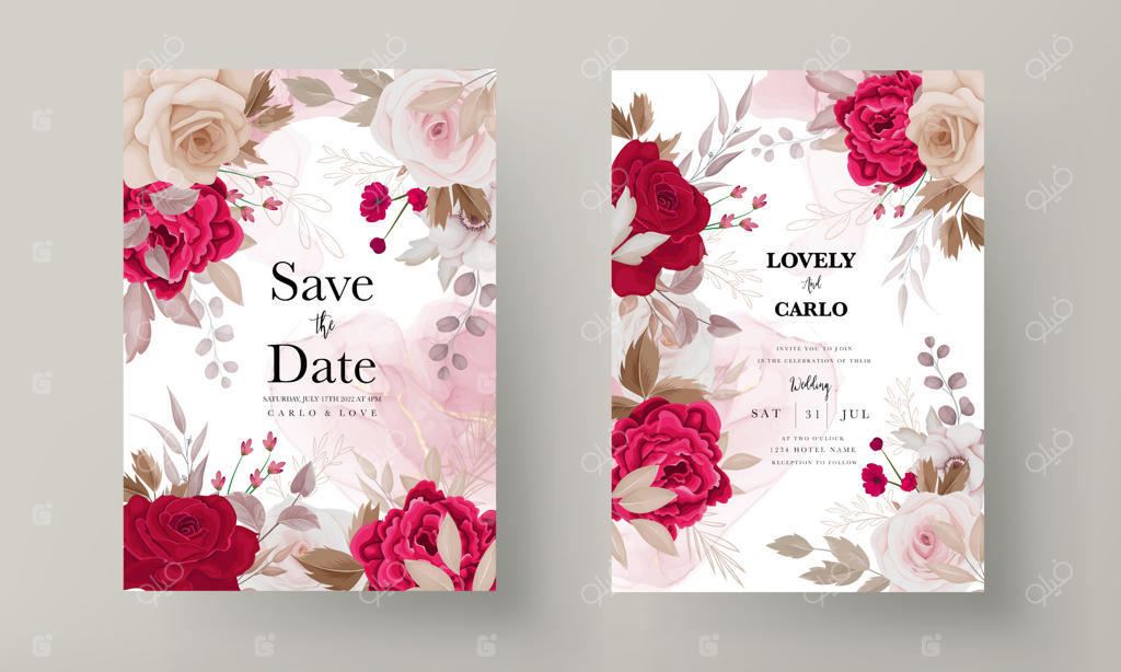 مجموعه قالب دعوتنامه عروسی با تزیین گل‌های رز قهوه‌ای و مارون و برگ‌ها