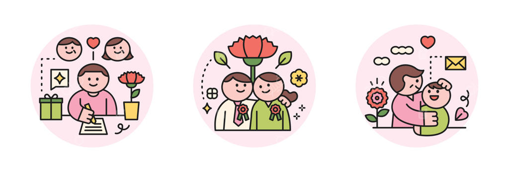 ماه خانواده: افرادی که از والدین خود قدردانی می‌کنند و فرزندانشان را دوست دارند. شخصیت‌های دوست‌داشتنی نامه‌هایی برای والدینشان می‌نویسند و گل میخک هدیه می‌دهند. مادری که با عشق فرزندش را در آغوش گرفته است.