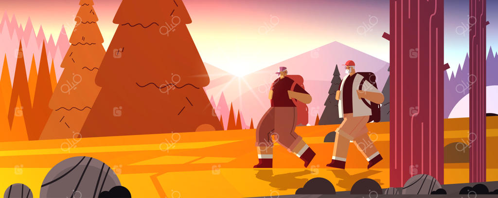 زوج سالمند در حال پیاده‌روی و سفر با کوله‌پشتی؛ مفهوم فعالیت‌های فیزیکی در دوران کهنسالی