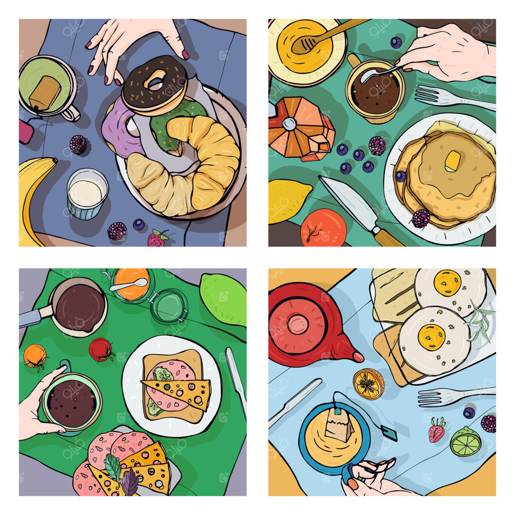 مجموعه‌ای از صبحانه‌های متنوع، نمای بالا. تصاویر مربعی با نهار سبک. برانچ سالم و تازه شامل قهوه، چای، پنکیک، ساندویچ، تخم مرغ، کروسانت و میوه‌ها. مجموعه‌ای رنگارنگ با طراحی دستی.