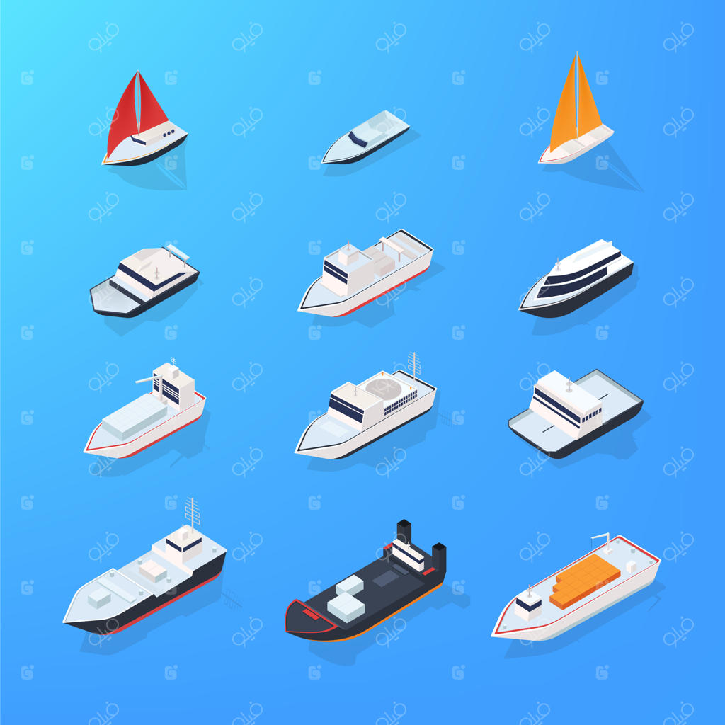 مجموعه متنوعی از کشتی‌ها، قایق‌های موتوری، قایق‌های بادی، قایق‌های تفریحی، کشتی‌های مسافری و تجاری - مجموعه‌ای رنگارنگ از تصاویر ایزومتریک.