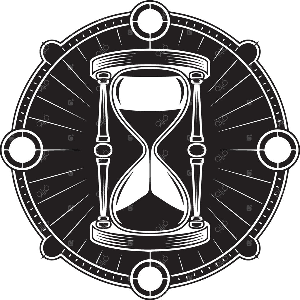 تصویر گرافیکی ساعت شنی درون قابی دایره‌ای با خطوط و دایره‌های شعاعی