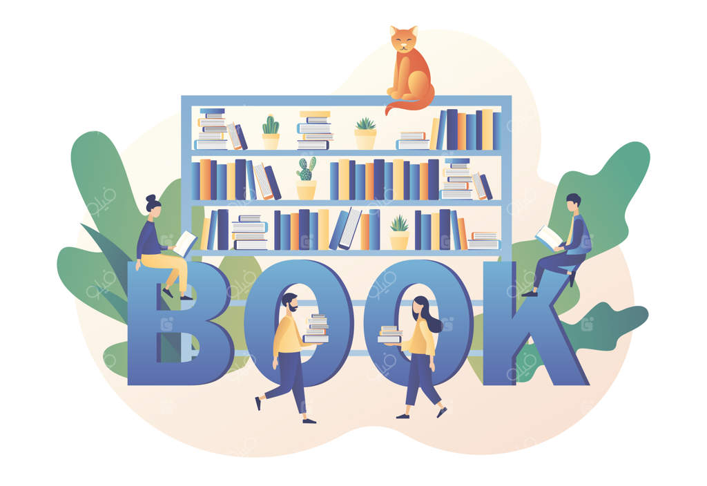 کتابخانه آنلاین: افرادی کوچک در حال خواندن کتاب‌ها با متن بزرگ کتاب برای علاقه‌مندان به ادبیات - کتابخانه الکترونیکی