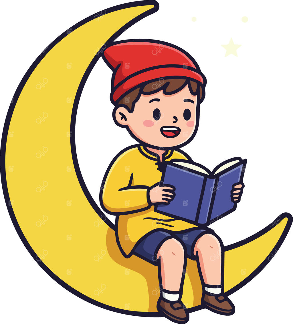 پسرکی که روی ماه هلالی نشسته و کتاب می‌خواند با کلاه قرمز و کاپشن زرد (تصویرسازی)