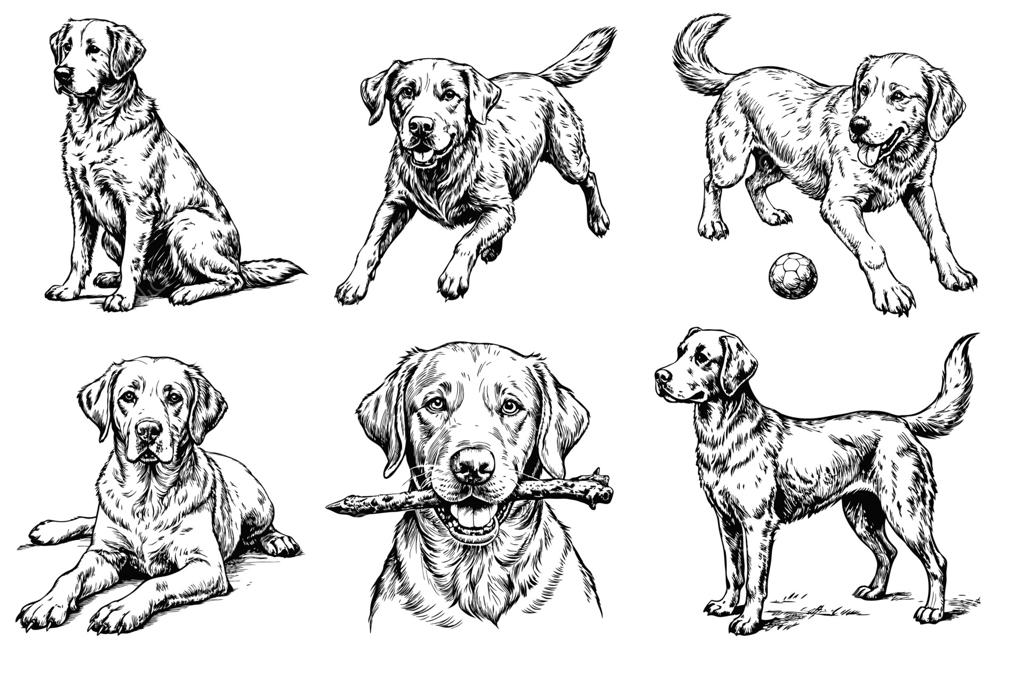 مجموعه‌ای از طرح‌های سگ لابرادور در پس‌زمینه سفید در حالات مختلف