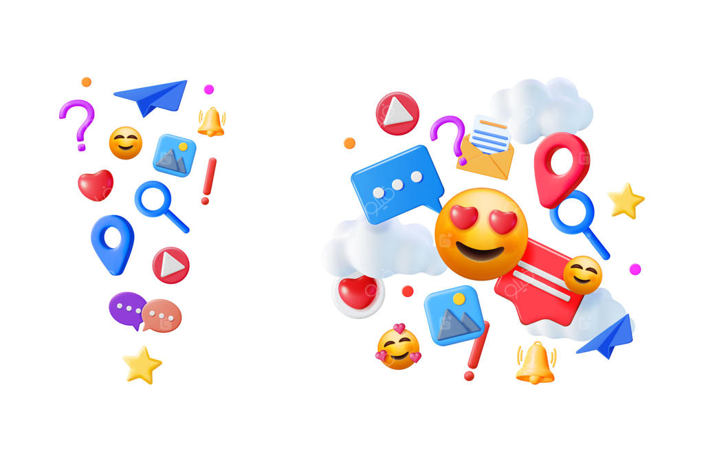 آیکون‌های اعلان شبکه‌های اجتماعی و ایموجی‌ها شناور در پس‌زمینه سفید. مفهوم پیام دیجیتال و پلتفرم ارتباطات اینترنتی.