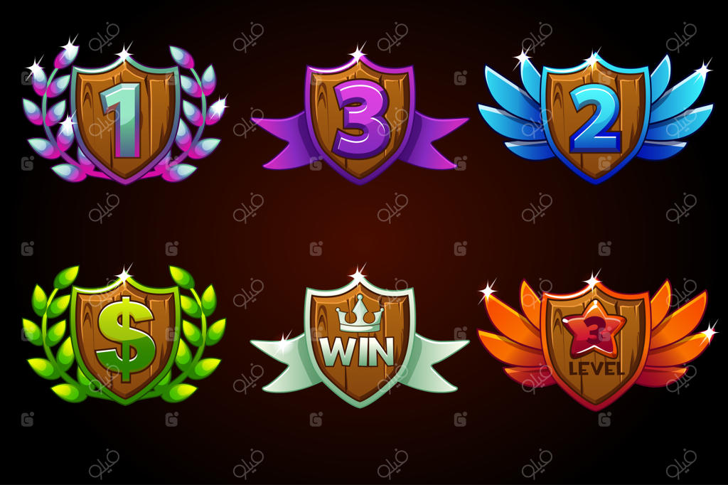 مجموعه سپر، جوایز یا آیکون‌ها: رتبه اول، دوم، و سوم. مناسب برای بازی، رابط کاربری، بنر، اپلیکیشن، رابط کاربری، اسلات‌ها، و توسعه بازی.