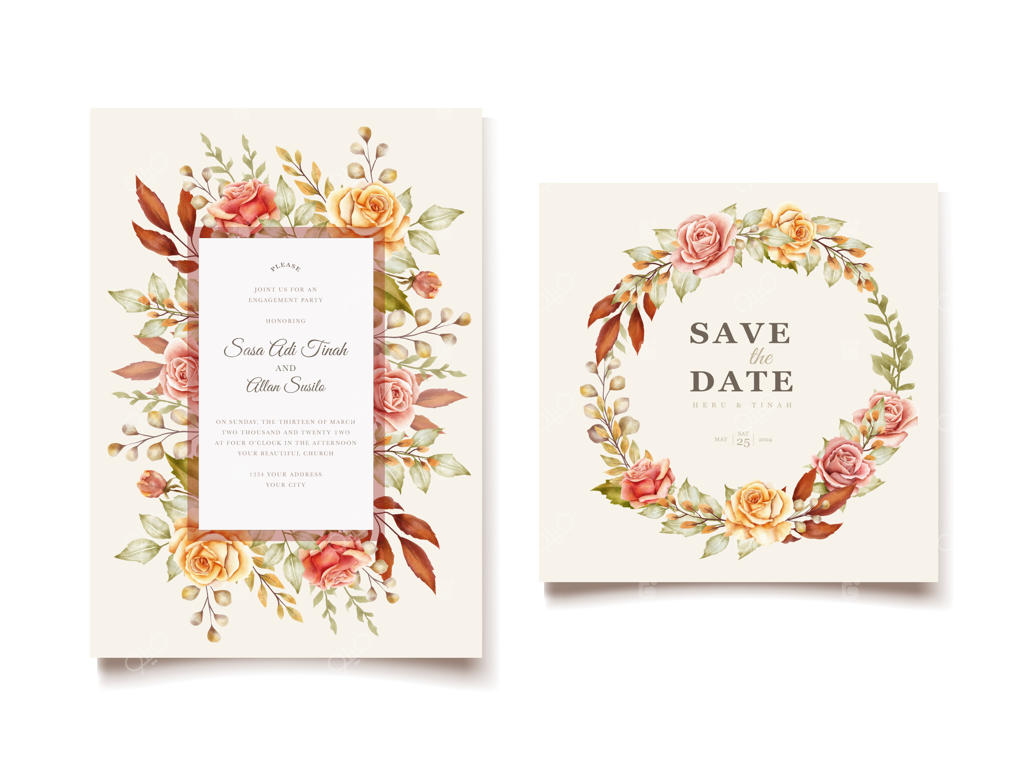 کارت دعوت پاییزی با طرح گل‌های آبرنگی