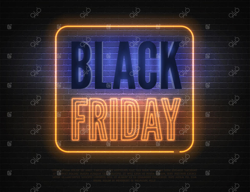 بنر تخفیفات بلک فرایدی با طرح وینتیج و جعبه نور نئون بنفش و نارنجی