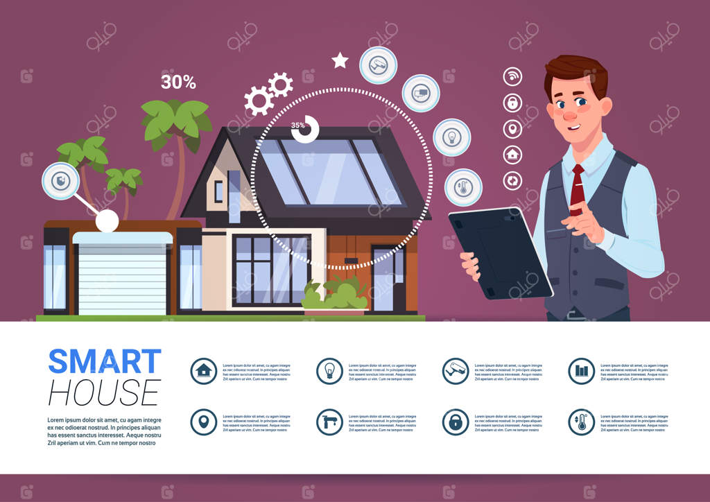 مفهوم مدیریت خانه هوشمند با استفاده از تبلت توسط مردی در حال کار