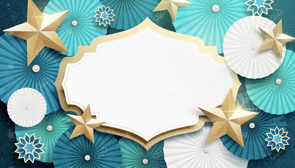 بادبزن کاغذی گرد فیروزه‌ای و بنر ستاره‌ای با فضای خالی برای نوشته