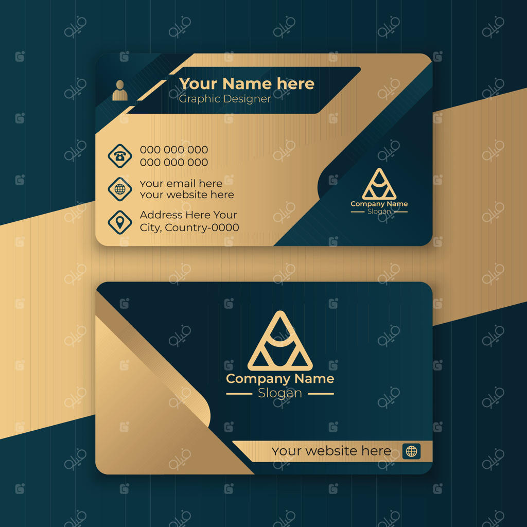 قالب کارت ویزیت لوکس و مدرن با طراحی مشکی و طلایی و قابلیت شخصی‌سازی.